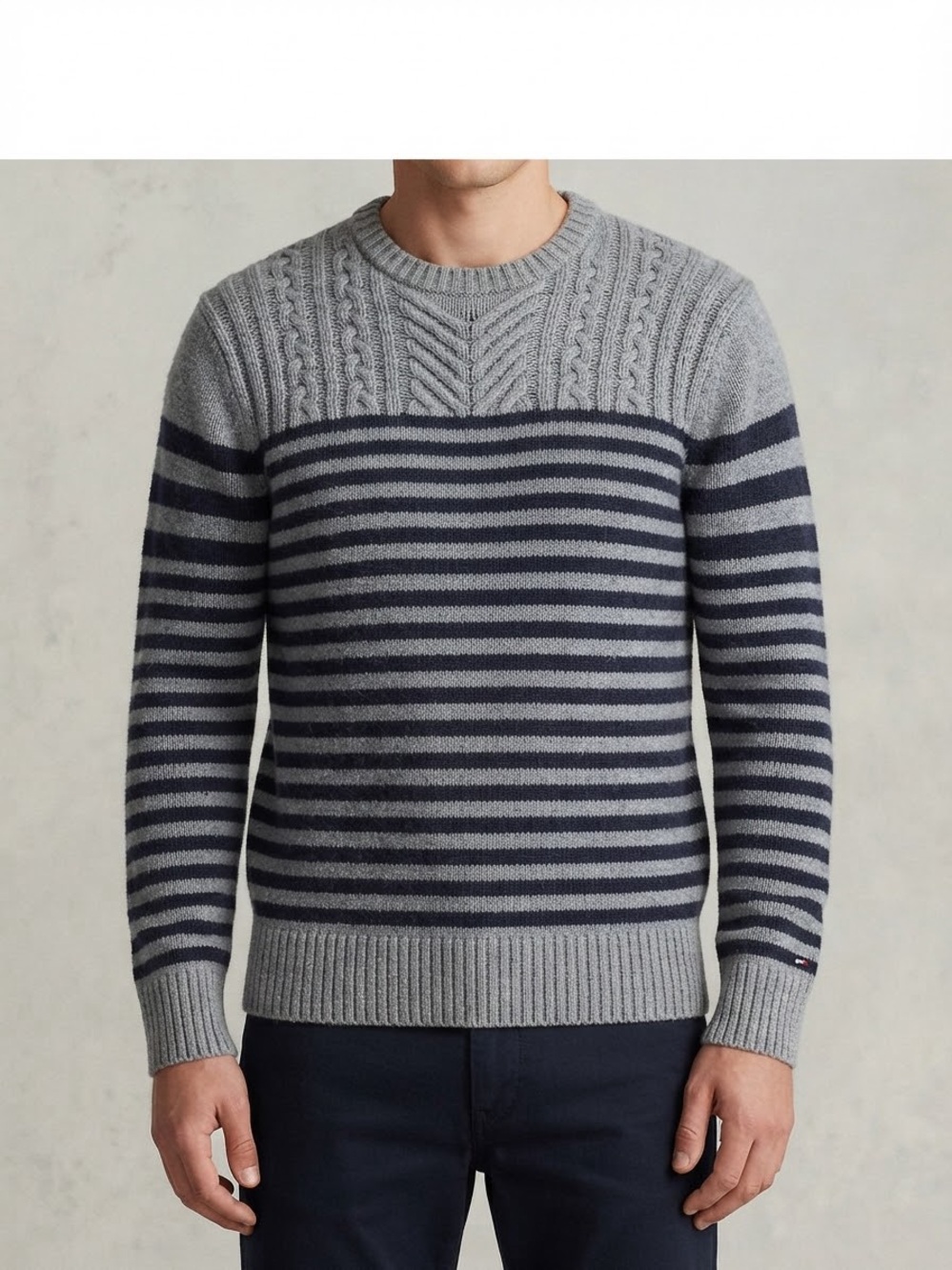 Tommy Hilfiger Grey and Navy Striped Cable-Knit Crewneck Sweater